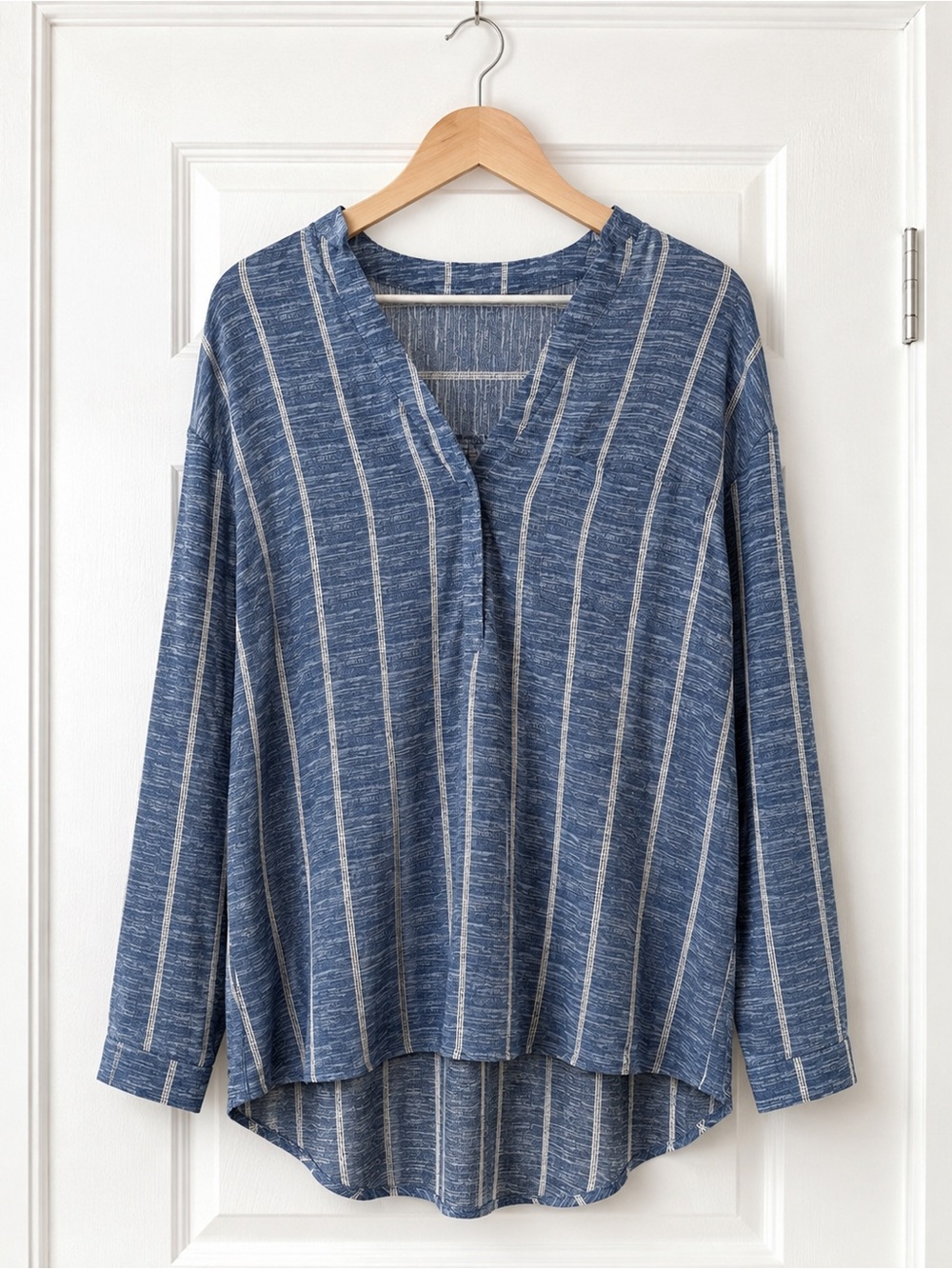 Astylish XL Blue White Stripe Henley Blouse V Neck Roll Tab Sleeve Oversized